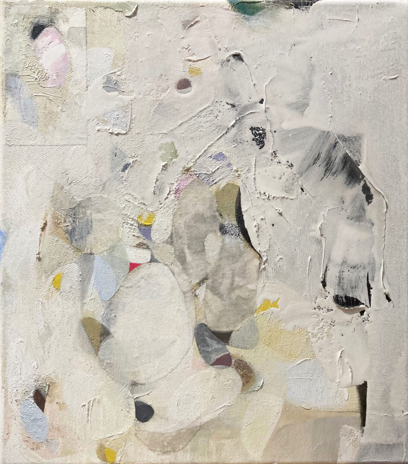 Spuren | Spuren, 2025, oil, egg tempera, Japanese paper, silver leaf, plaster on canvas, 40 x 35 cm