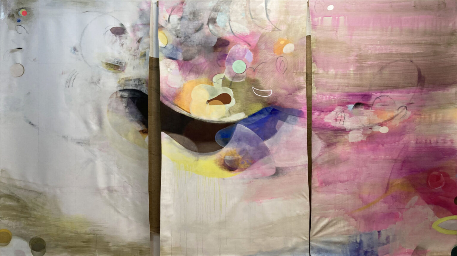 Daydream Nation | Daydream Nation, 2025, oil, acrylic, plaster, silver leaf, jute on unstretched canvas, 187 x 330 cm