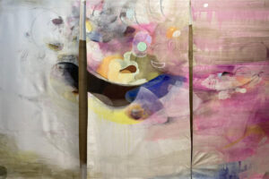 Daydream Nation | Daydream Nation, 2025, oil, acrylic, plaster, silver leaf, jute on unstretched canvas, 187 x 330 cm