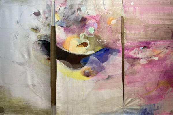 Daydream Nation | Daydream Nation, 2025, oil, acrylic, plaster, silver leaf, jute on unstretched canvas, 187 x 330 cm